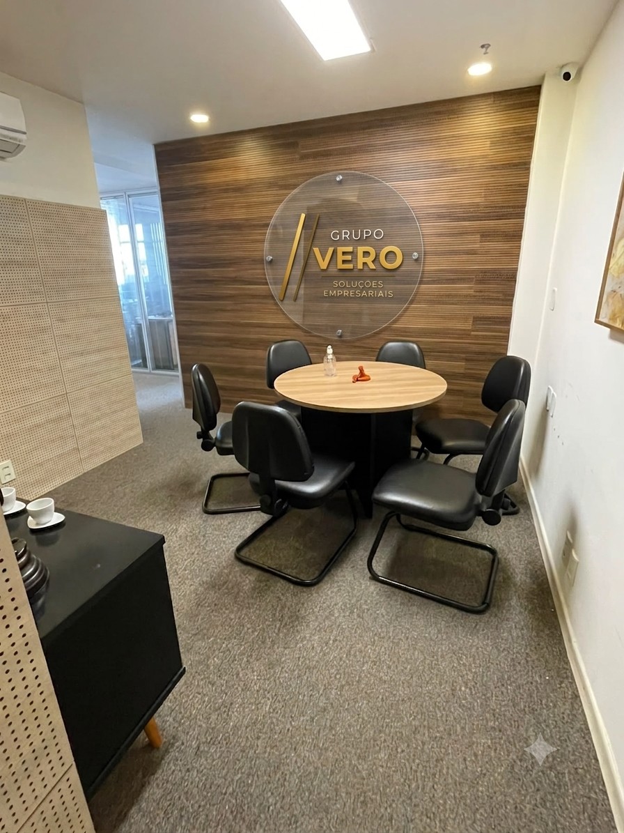 Sala de reuniões do escritório Grupo Vero, com mesa redonda e ambiente climatizado